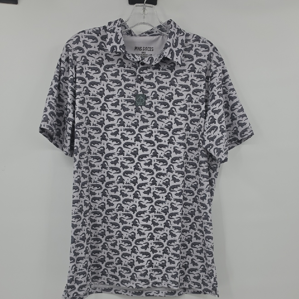 Pins & Aces Gator Light Gray Polo with Dark Gray All-Over Print Size L